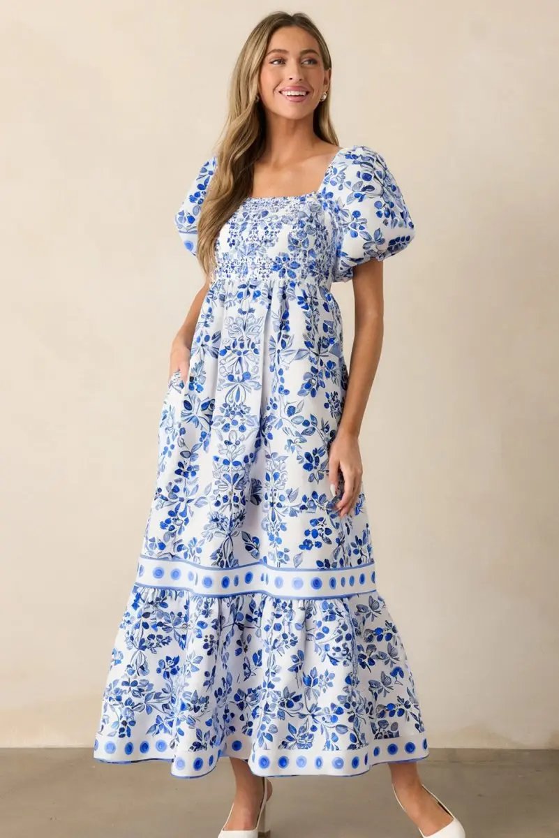 Sky Blue Floral Print Square Neck Bubble Sleeve Dress - Love Salve